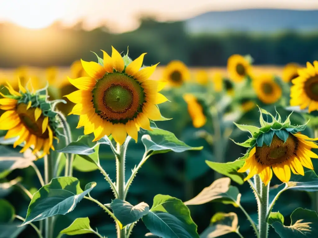 Un campo de girasoles bañado por la cálida luz dorada del atardecer