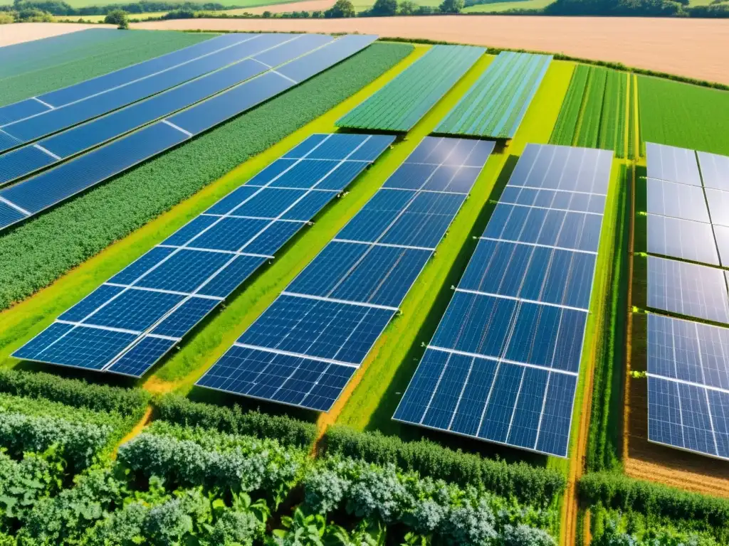 Un campo agrícola iluminado por el sol con paneles solares en primer plano, integrando energía solar para agricultura sostenible