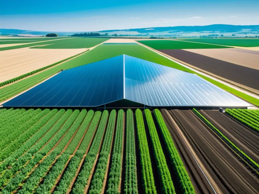 Un campo agrícola moderno con un sistema de recogida de agua lluvia integrado, mostrando beneficios sistemas recogida agua lluvia