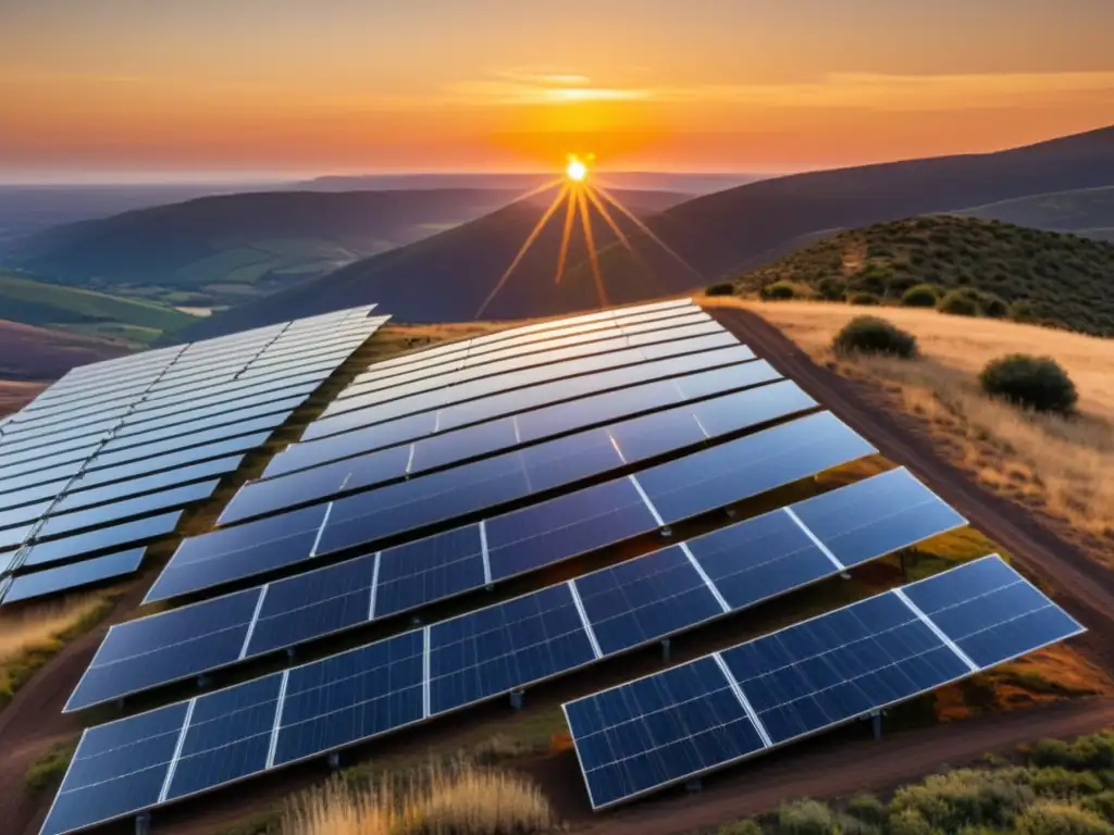 Un campo de paneles solares se destaca contra un atardecer vibrante y cálido