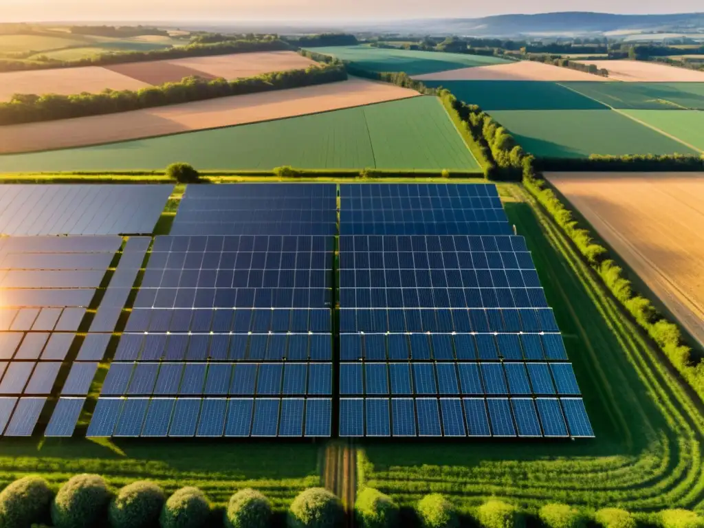 Un campo de paneles solares al amanecer, bañado por la cálida luz dorada del sol