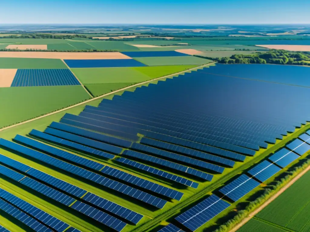 Un campo de paneles solares brillantes en un día soleado, evocando esperanza y equilibrio entre energías renovables y naturaleza