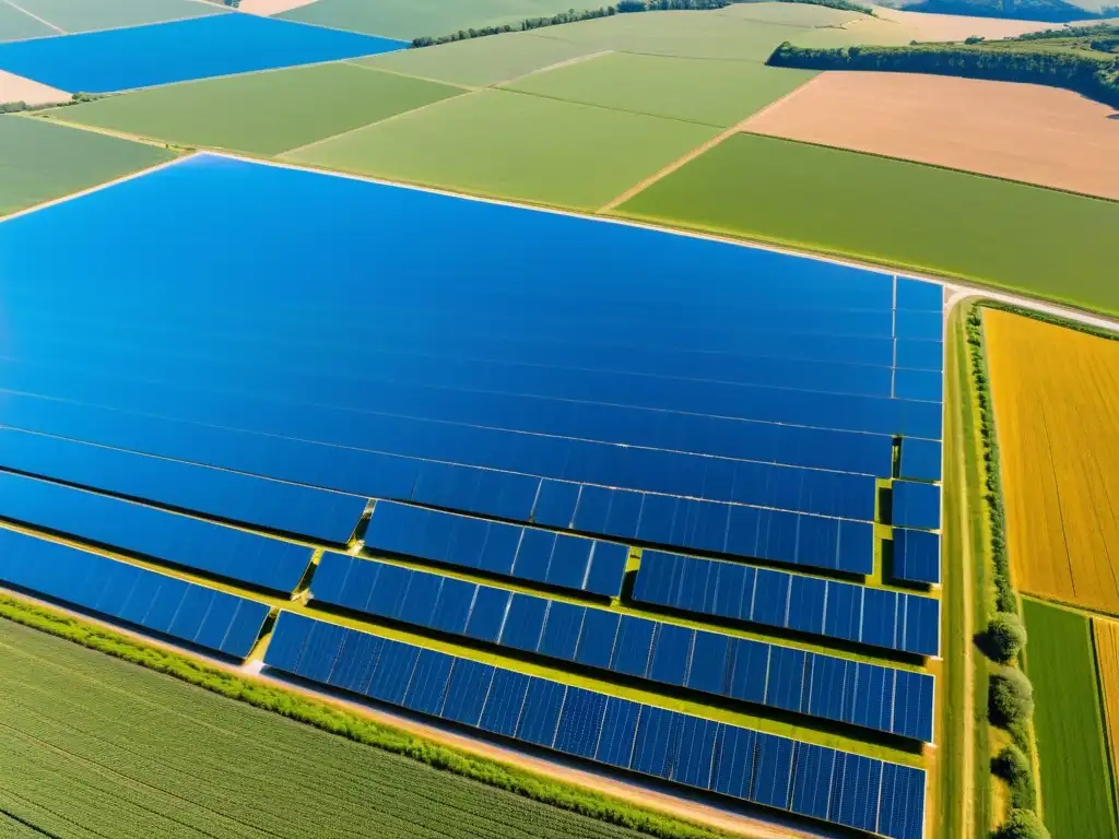 Un campo de paneles solares brillantes en armonía con la naturaleza, reflejando el impacto ambiental positivo de la fabricación de paneles solares