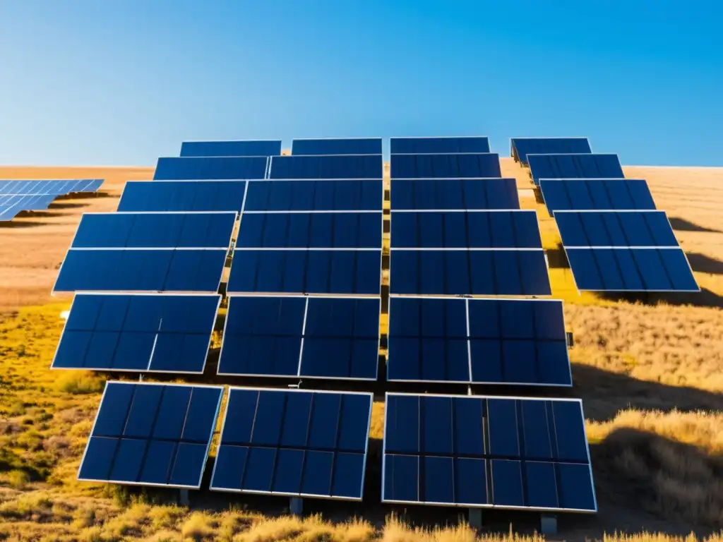 Campo de paneles solares bajo el cielo azul brillante con el sol resplandeciente