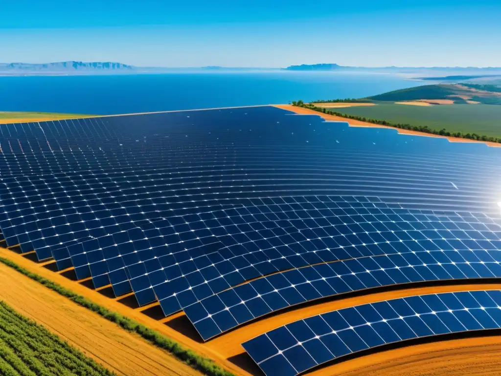 Campo de paneles solares bajo cielo azul, destacando su diseño moderno y la baja huella ecológica de la energía solar