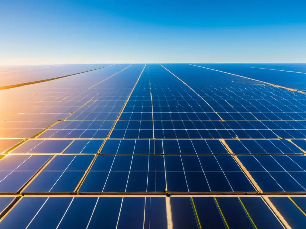 Campo de paneles solares bajo cielo azul, capturando energía solar para beneficios energía solar planeta