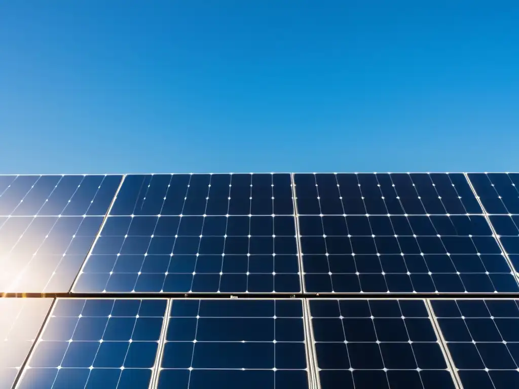 Un campo de paneles solares se extiende bajo el cielo azul, proyectando sombras largas