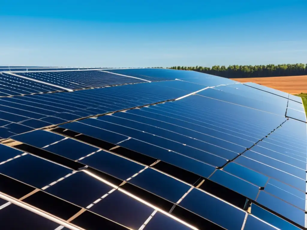 Campo de paneles solares bajo cielo azul, reflejando el potencial de energía solar