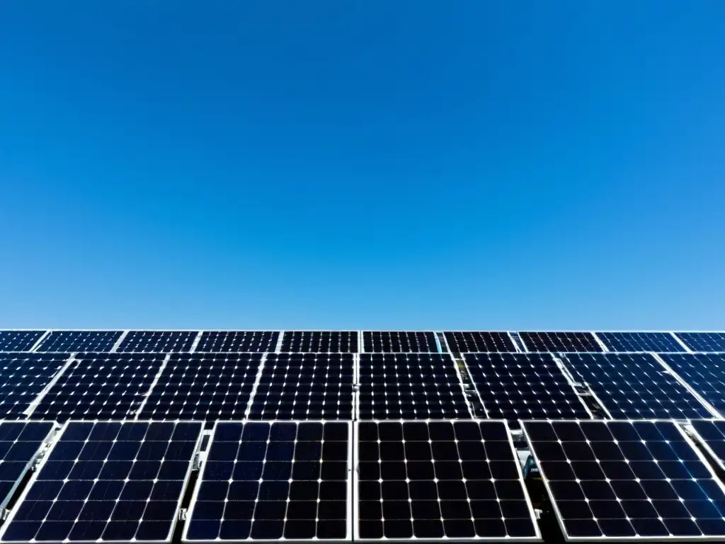 Un campo de paneles solares en un cielo azul claro, reflejando la luz solar con un patrón geométrico