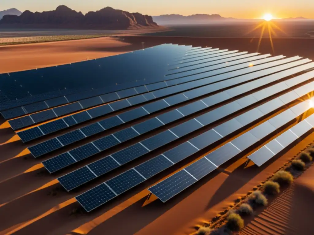 Un campo de paneles solares en el desierto al atardecer, camino hacia la energía sostenible