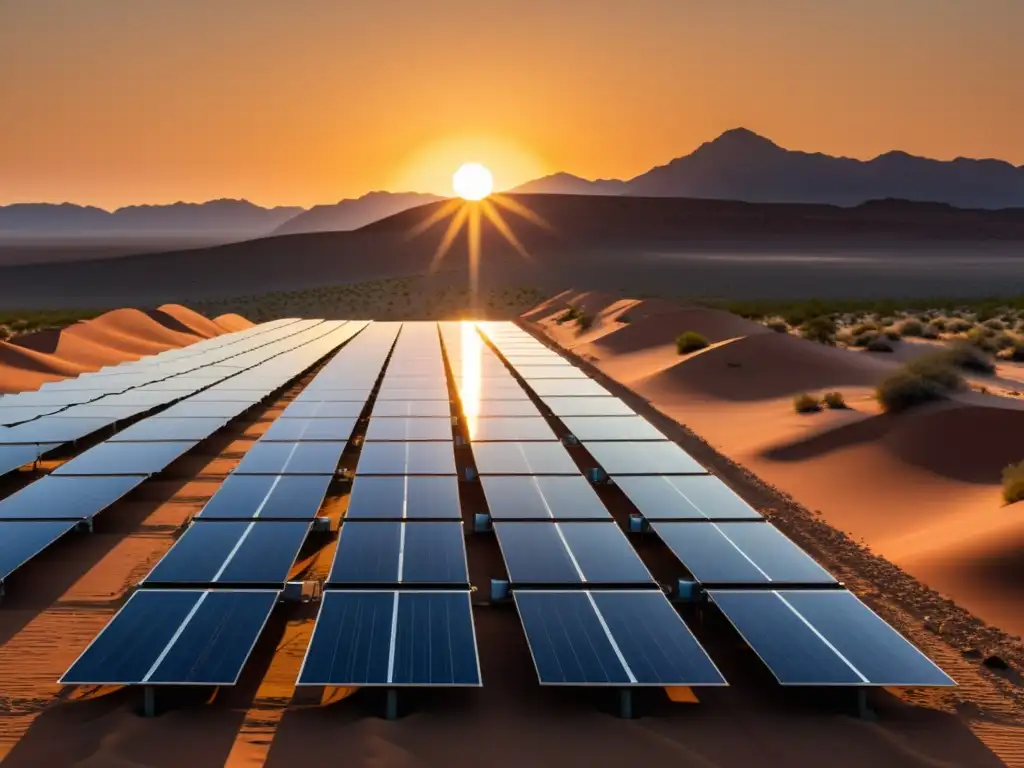 Un campo de paneles solares en el desierto al atardecer, reflejando innovación y eficiencia en inteligencia artificial en energía solar