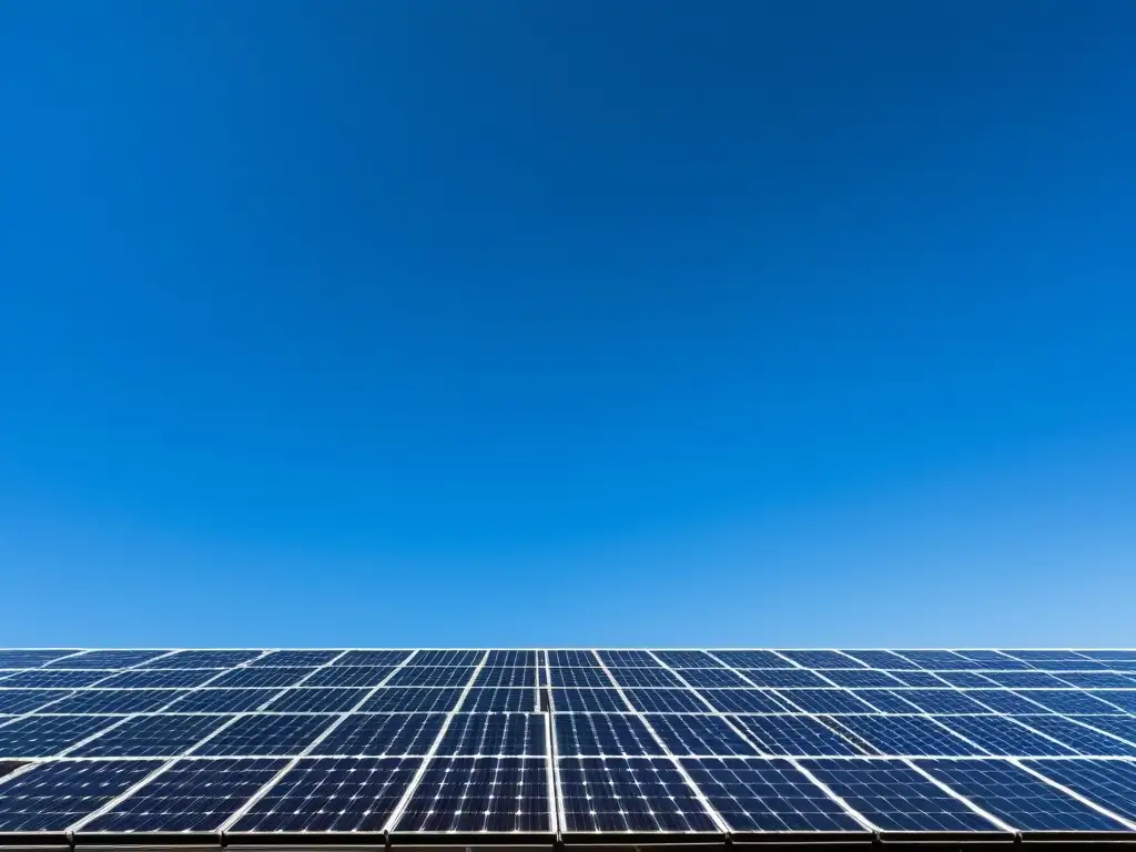 Un campo de paneles solares refleja la luz bajo el cielo azul