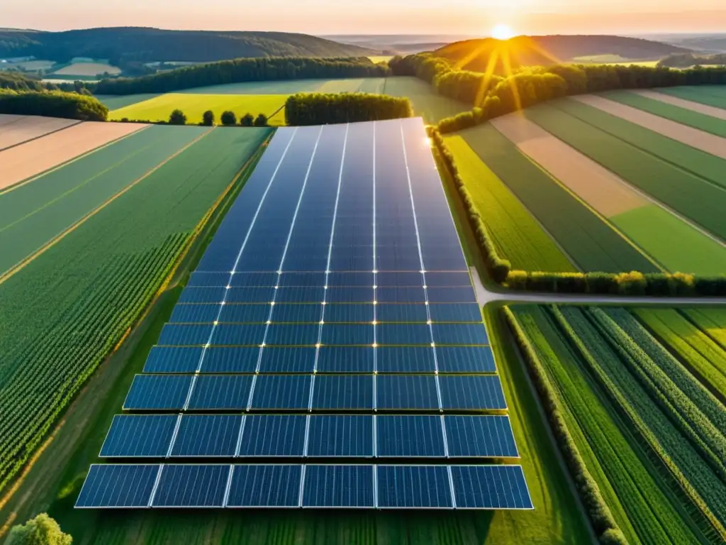 Un campo en Alemania con paneles solares ordenados en filas, bajo la cálida luz del atardecer