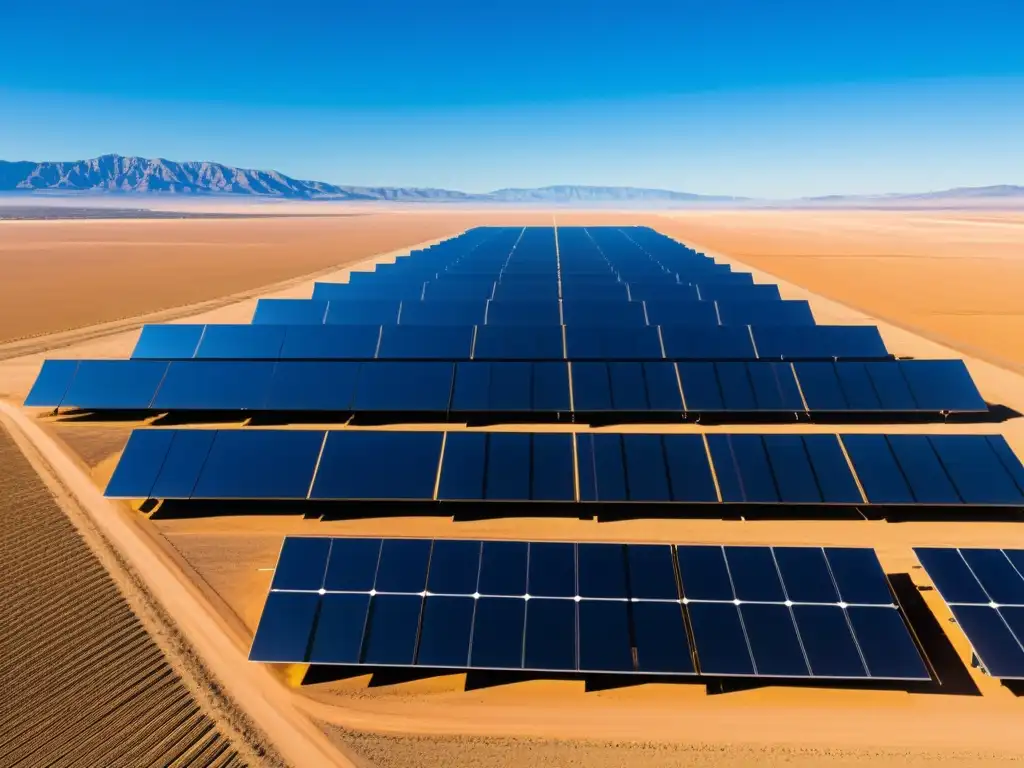 Un campo de paneles solares en un paisaje vasto y soleado, reflejando la luz del sol y proyectando sombras geométricas en el suelo