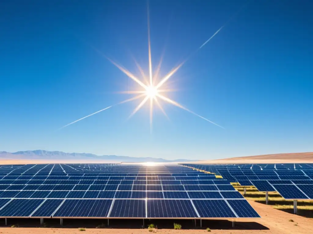 Un campo de paneles solares en un paisaje sereno y vasto, capturando la energía del sol