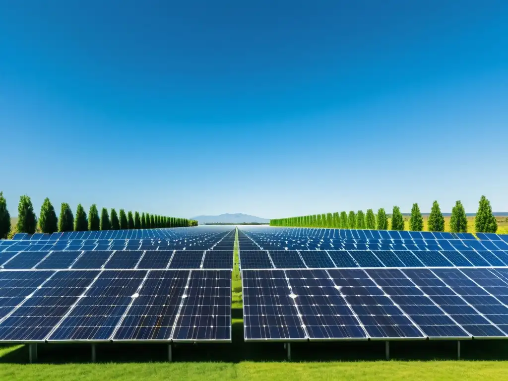 Un campo de paneles solares relucientes reflejando un arcoíris de colores, con cielo azul y paisaje verde de fondo