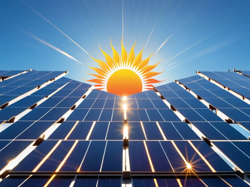 Un campo de paneles solares relucientes bajo el cálido resplandor del sol, evocando los beneficios de la energía solar