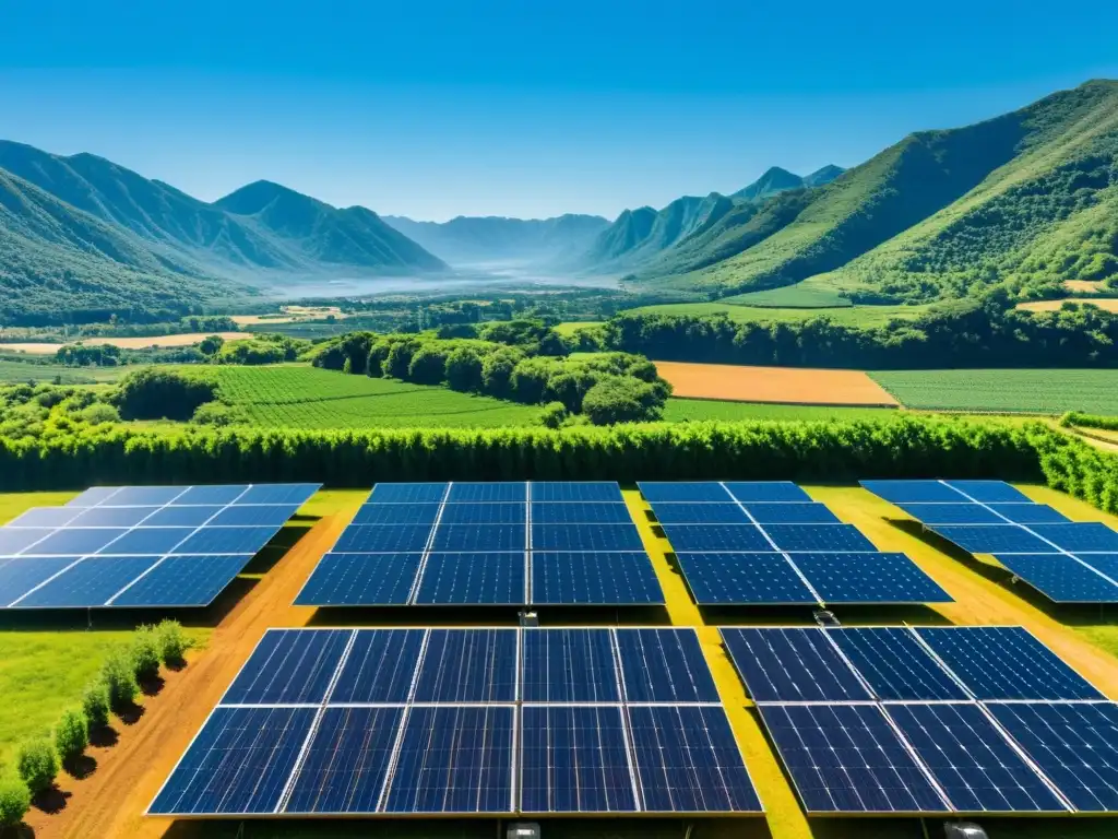 Un campo de paneles solares relucientes bajo el cielo azul