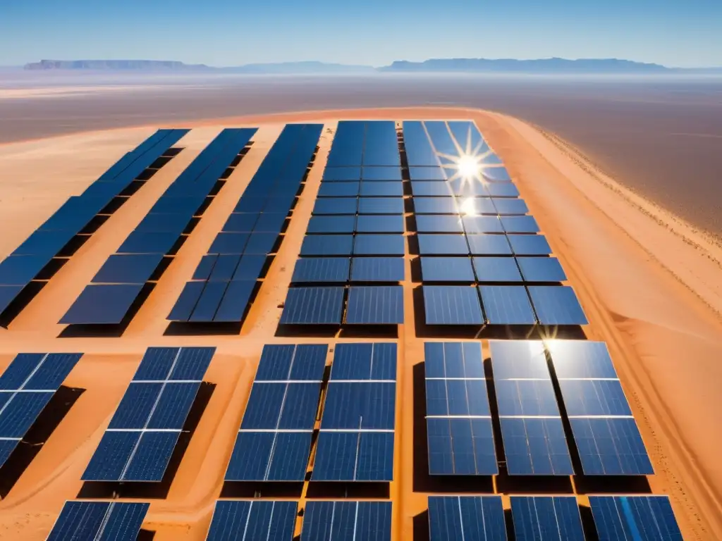 Un campo de paneles solares en un vasto desierto, generando energía renovable