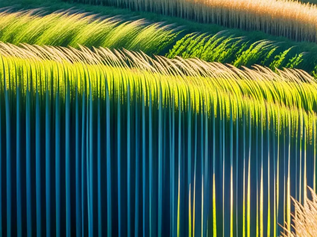 Un campo de pasto miscanthus alto y delgado ondeando en el viento bajo un cielo azul claro