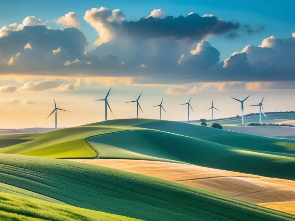 Campo rural bañado por el sol con molinos de viento modernos, símbolo de desarrollo rural con energía renovable