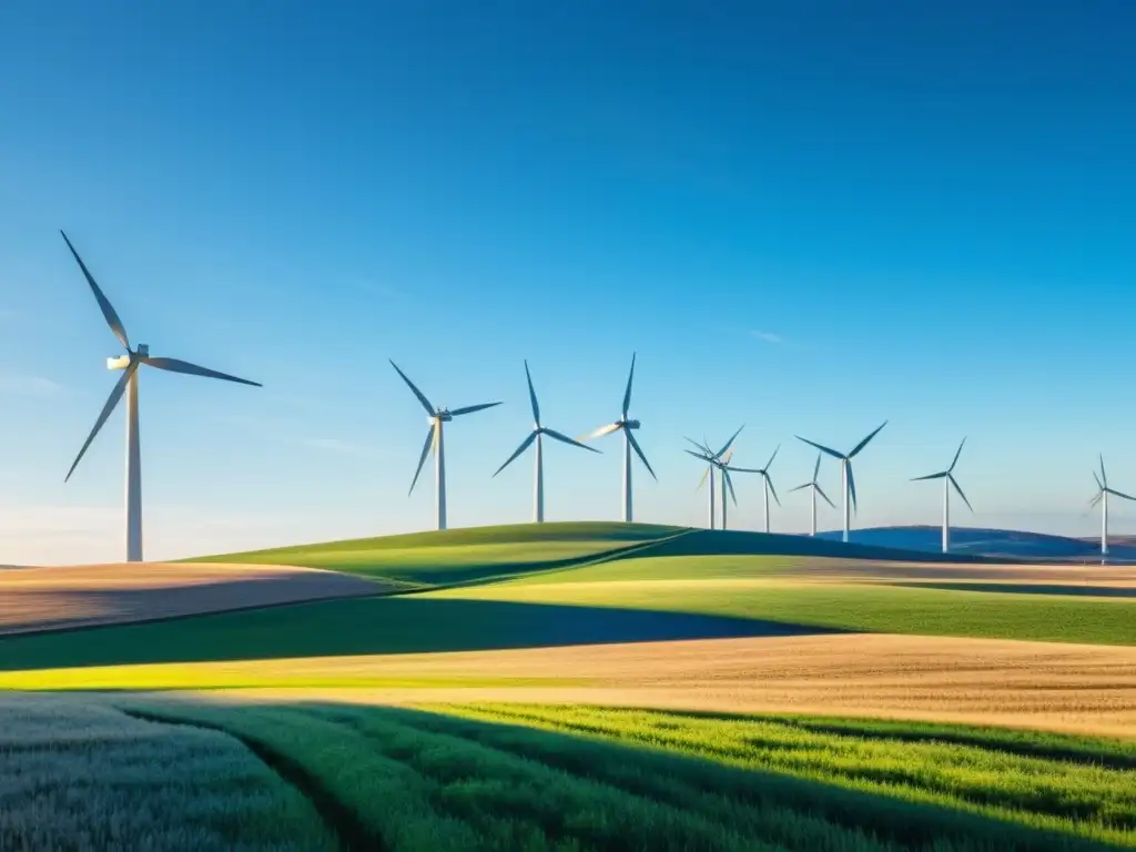 Un campo sereno bañado por el sol con molinos de viento al fondo, proyectando largas sombras