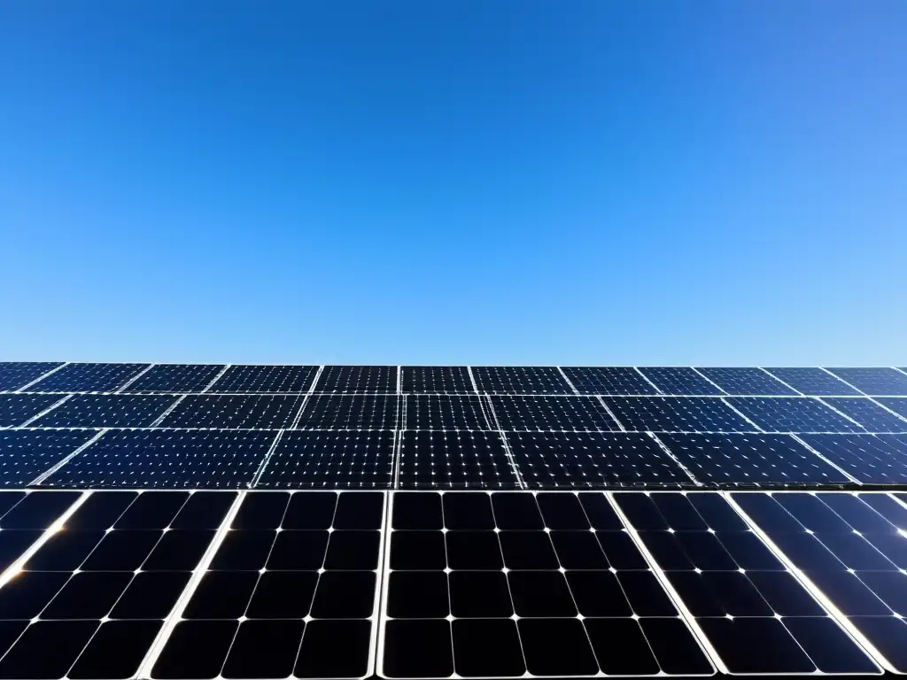 Un campo solar comunitario con paneles solares negros dispuestos en un patrón geométrico, resaltando la producción de energía sostenible