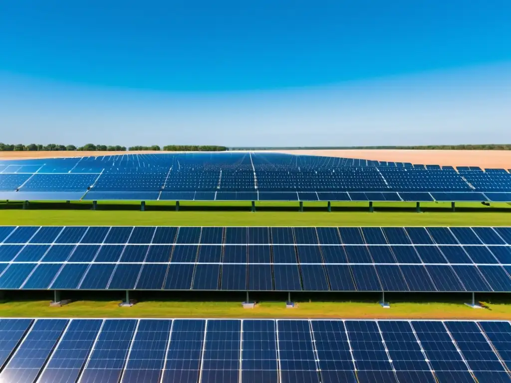 Un campo solar expansivo y prístino se extiende bajo un cielo azul vibrante, con paneles solares relucientes en filas ordenadas