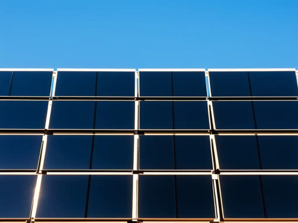 Un campo solar moderno y minimalista con paneles solares negros resplandecientes en el sol, contra un cielo azul claro