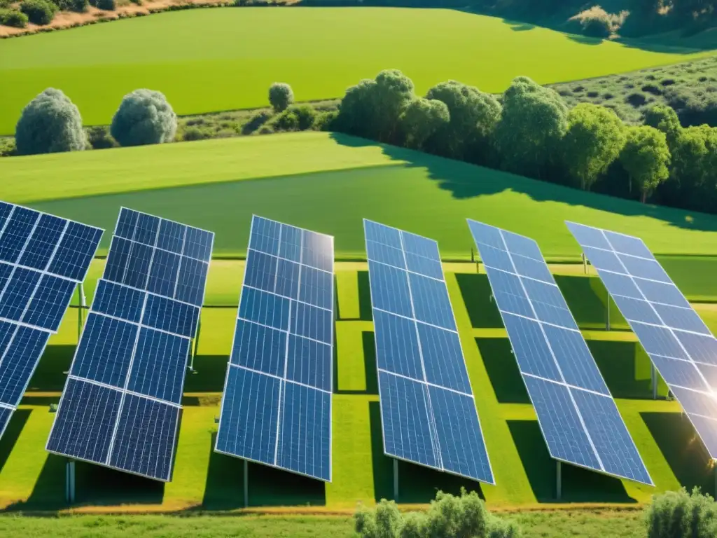 Energía solar: armonía y eficiencia en el paisaje verde Un campo solar moderno y sereno, reflejando la luz del sol en un paisaje verde