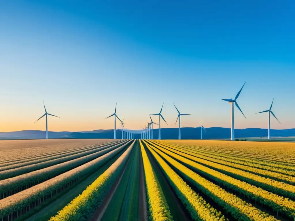 Campo solar con molinos de viento, símbolo de la influencia corporativa en legislación energías renovables