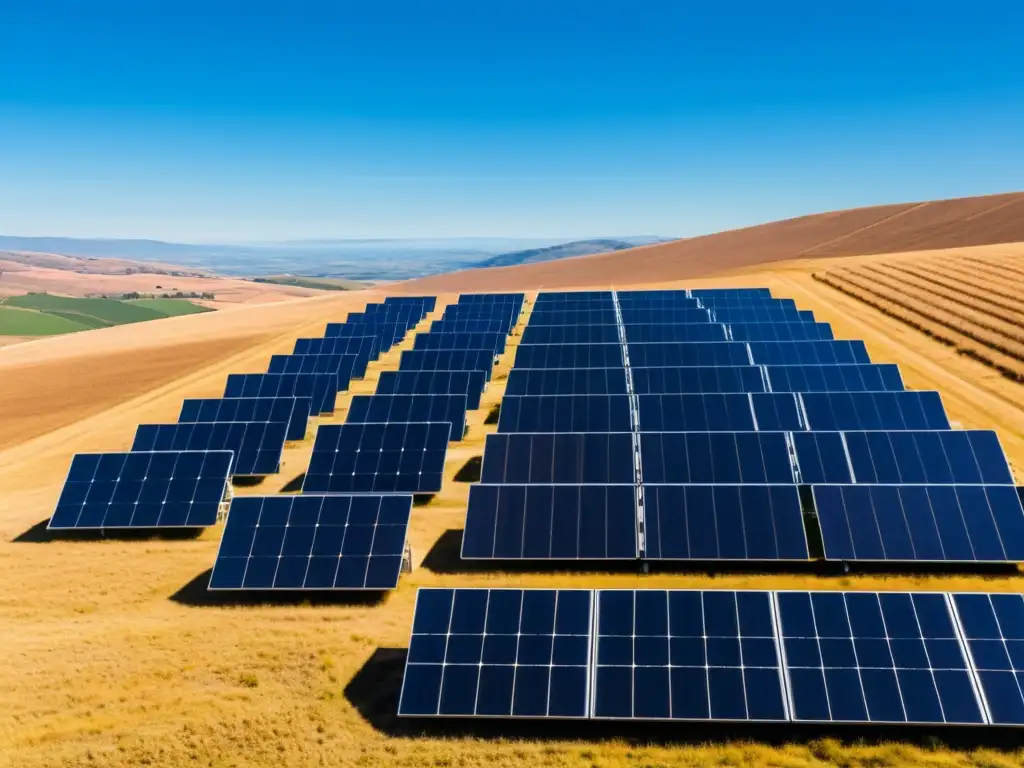 Un campo solar se extiende en un paisaje soleado y sereno, evocando energía renovable y armonía ambiental