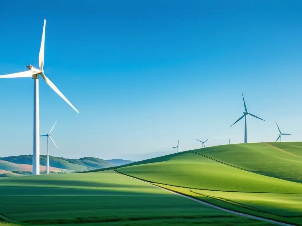 Un campo soleado con un molino de viento al fondo, simbolizando la armonía entre energía renovable y naturaleza