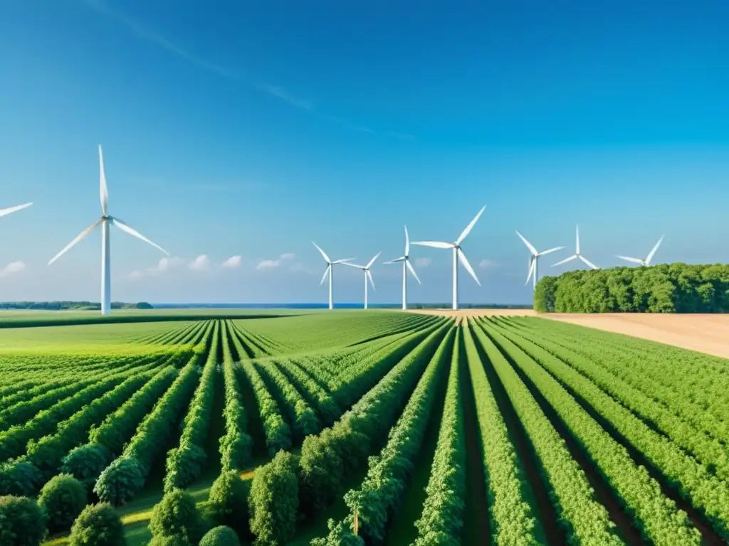 Campo soleado con molinos de viento, rodeado de naturaleza exuberante y cielos despejados