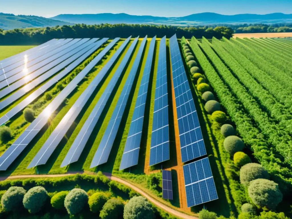 Un campo soleado con paneles solares, rodeado de vegetación exuberante y cielo azul