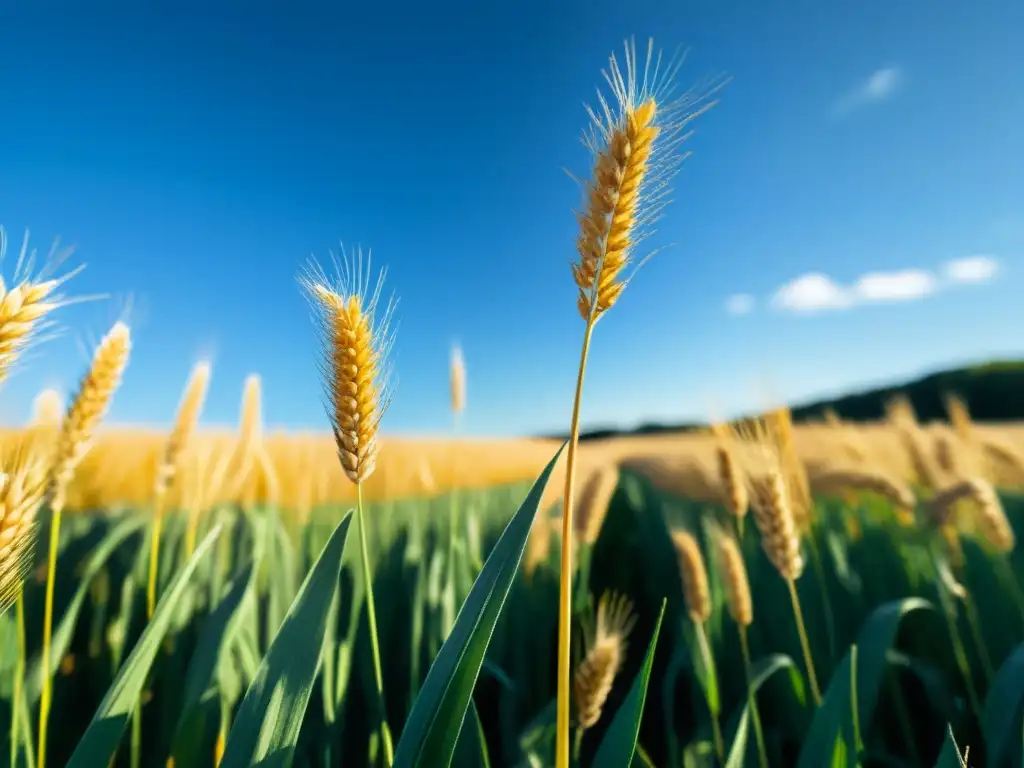 Un campo de trigo dorado se mece suavemente bajo el cielo azul