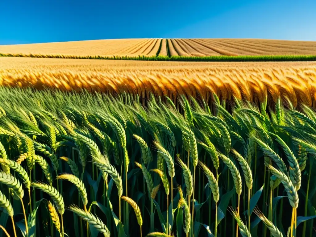 Un campo de trigo dorado se extiende hasta el horizonte bajo un cielo azul