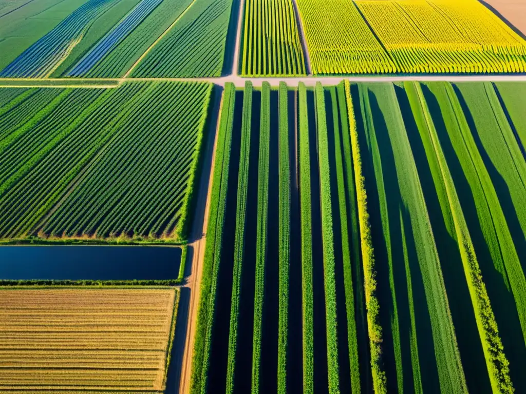 Un campo vasto y bañado por el sol, con cultivos verdes y paneles solares relucientes, simboliza la energía solar para agricultura sostenible