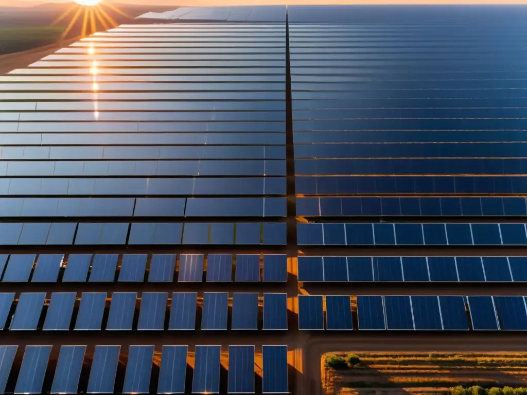 Un campo vasto de paneles solares se extiende hasta el horizonte, con el sol poniéndose en el fondo