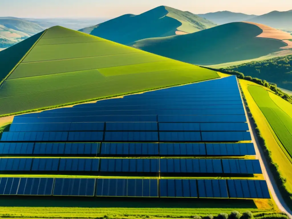 Un campo verde extenso con paneles solares en filas perfectas, bañados por la luz del sol