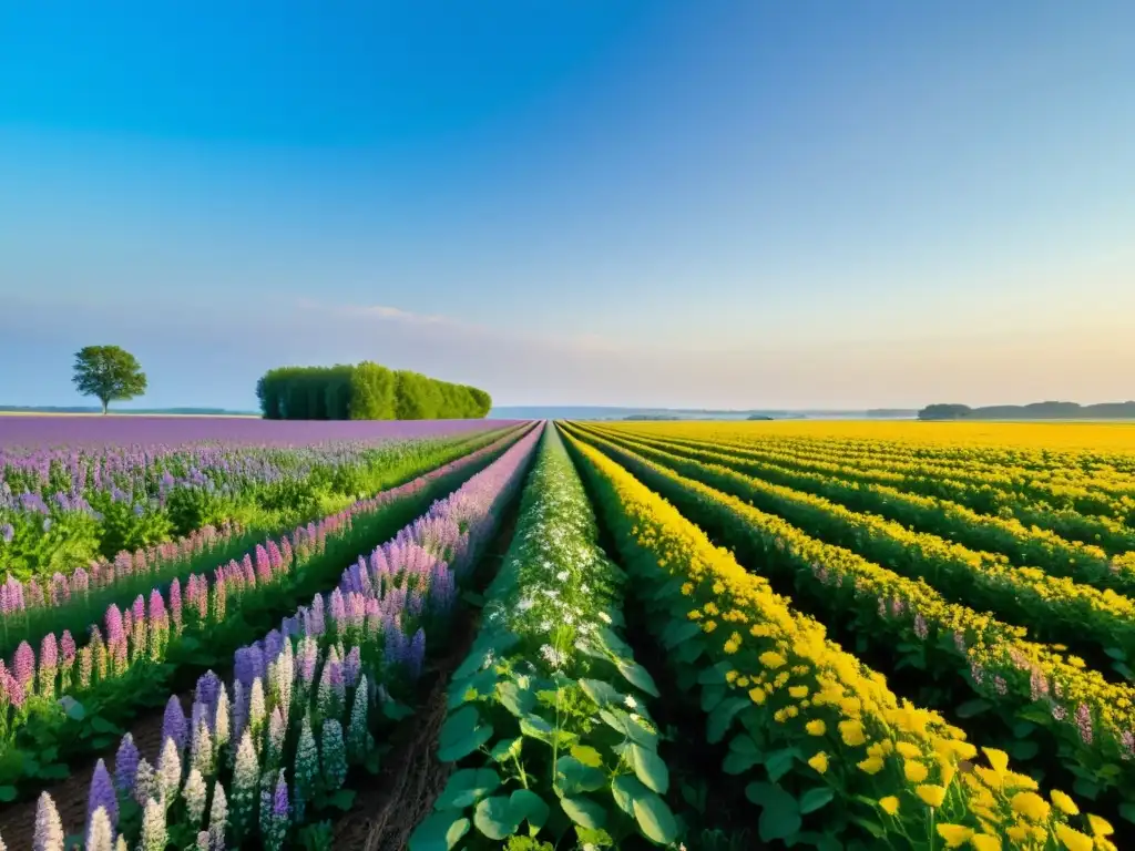 Un campo verde exuberante con abonos verdes para huerto ecológico, donde las flores atraen abejas y mariposas bajo un cielo azul