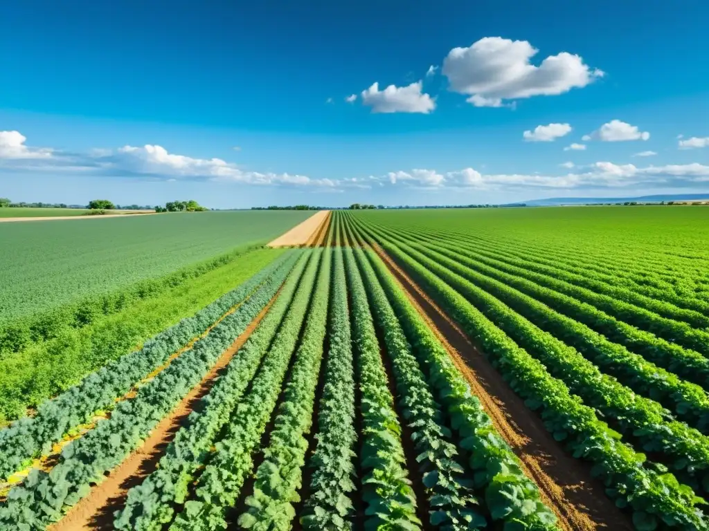 Campo verde exuberante con cultivos vibrantes bajo el sol, sistema de recogida de agua lluvia en el fondo