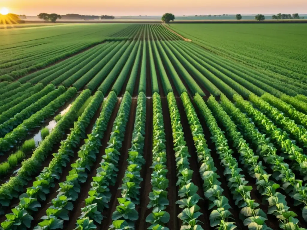 Un campo agrícola verde exuberante con cultivos ordenados y sistemas de recogida e irrigación, bañado por la cálida luz del atardecer