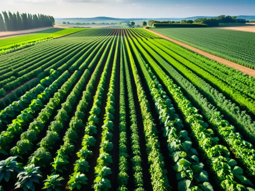 Un campo verde exuberante con cultivos extensos se extiende hasta el horizonte, bañado por el sol