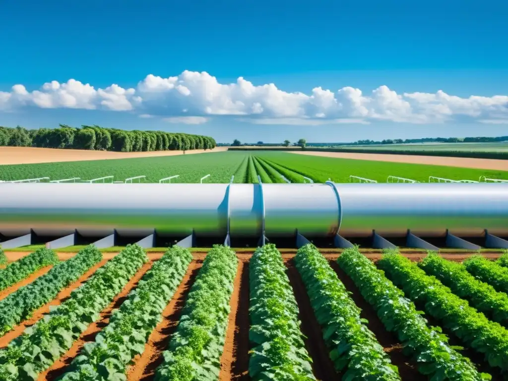 Un campo verde exuberante con cultivos se extiende hasta el horizonte bajo un cielo azul