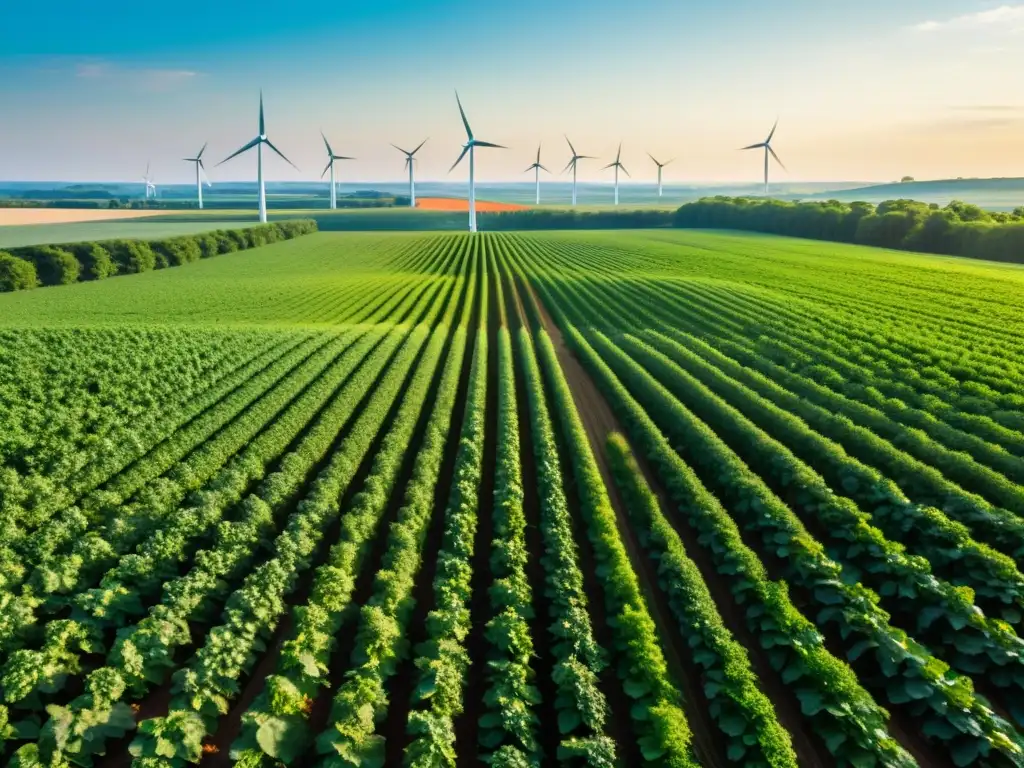 Un campo verde exuberante de cultivos energéticos sostenibles para bioenergía, bañado por la cálida luz del sol