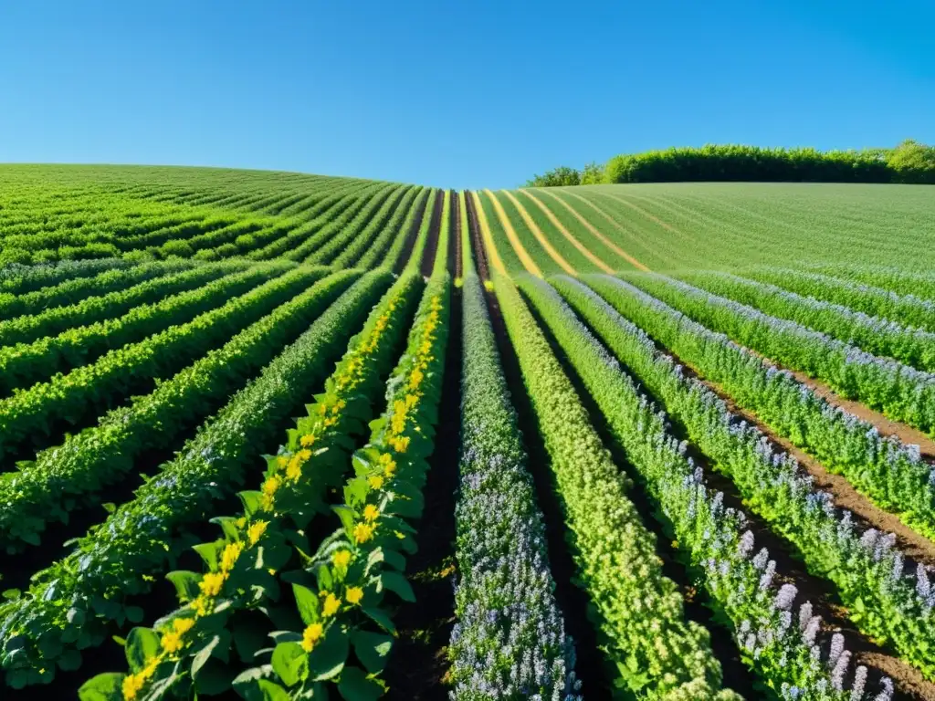 Campo verde exuberante con cultivos de cobertura vibrantes como trébol, centeno y veza bajo un cielo azul claro