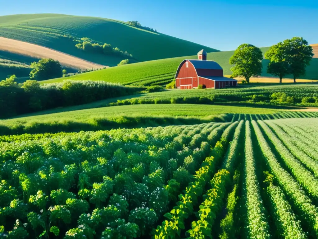 Un campo verde exuberante de cultivos de cobertura como trébol y centeno, bañado por la luz del sol en un día despejado