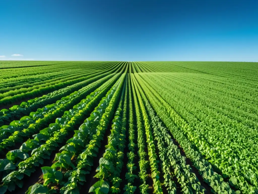 Un campo verde exuberante con cultivos de bioenergía se extiende hacia el horizonte bajo un cielo azul claro