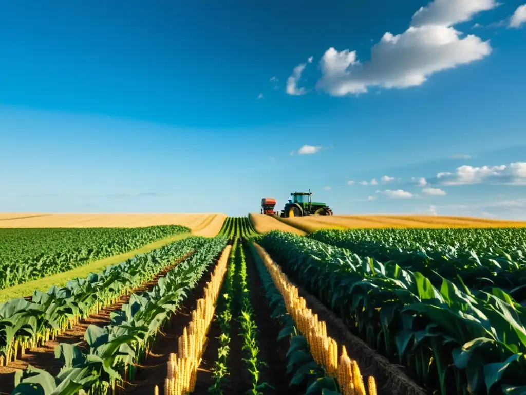 Un campo verde exuberante con maíz dorado, un tractor en la distancia y un cielo azul salpicado de nubes blancas